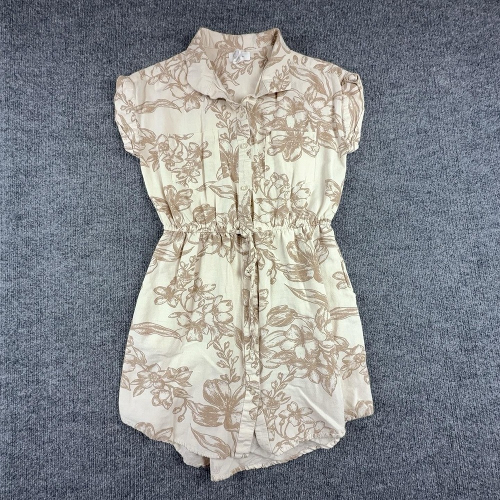 Japna Romper Womens Medium Beige Floral Collared Button Front Elastic Waist